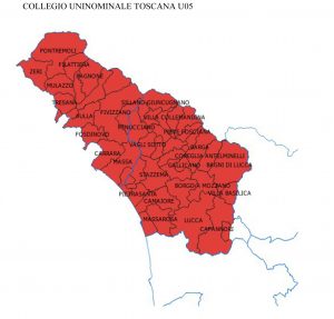 Il collegio uninominale che comprende la provincia di Massa Carrara e la Provincia di Lucca (con le sole eccezioni dei comuni di Altopascio e Montecarlo)