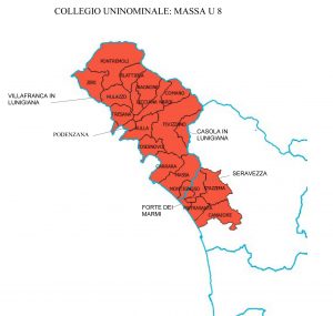La cartina dei Comuni del collegio Uninominale n. 8 che comprende la nostra Provincia e i Comuni di Seravezza, Stazzema, Forte dei Marmi, Pietrasanta e Camaiore