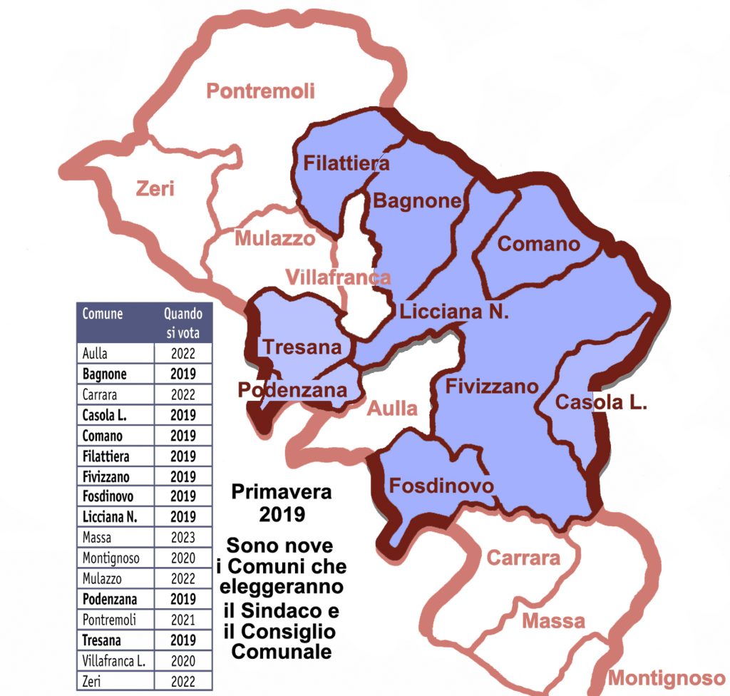 Le date della chiamata al voto dei vari comuni della Provincia e, evidenziato in viola, i nove che rinnoveranno le proprie amministrazioni nella prossima primavera.