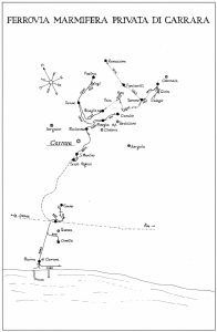 Il percorso della Ferrovia Marmifera dai bacini di estrazione al porto di Marina di Carrara