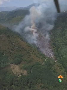Un momento dell'incendio nel bosco nei pressi di Luscignano
