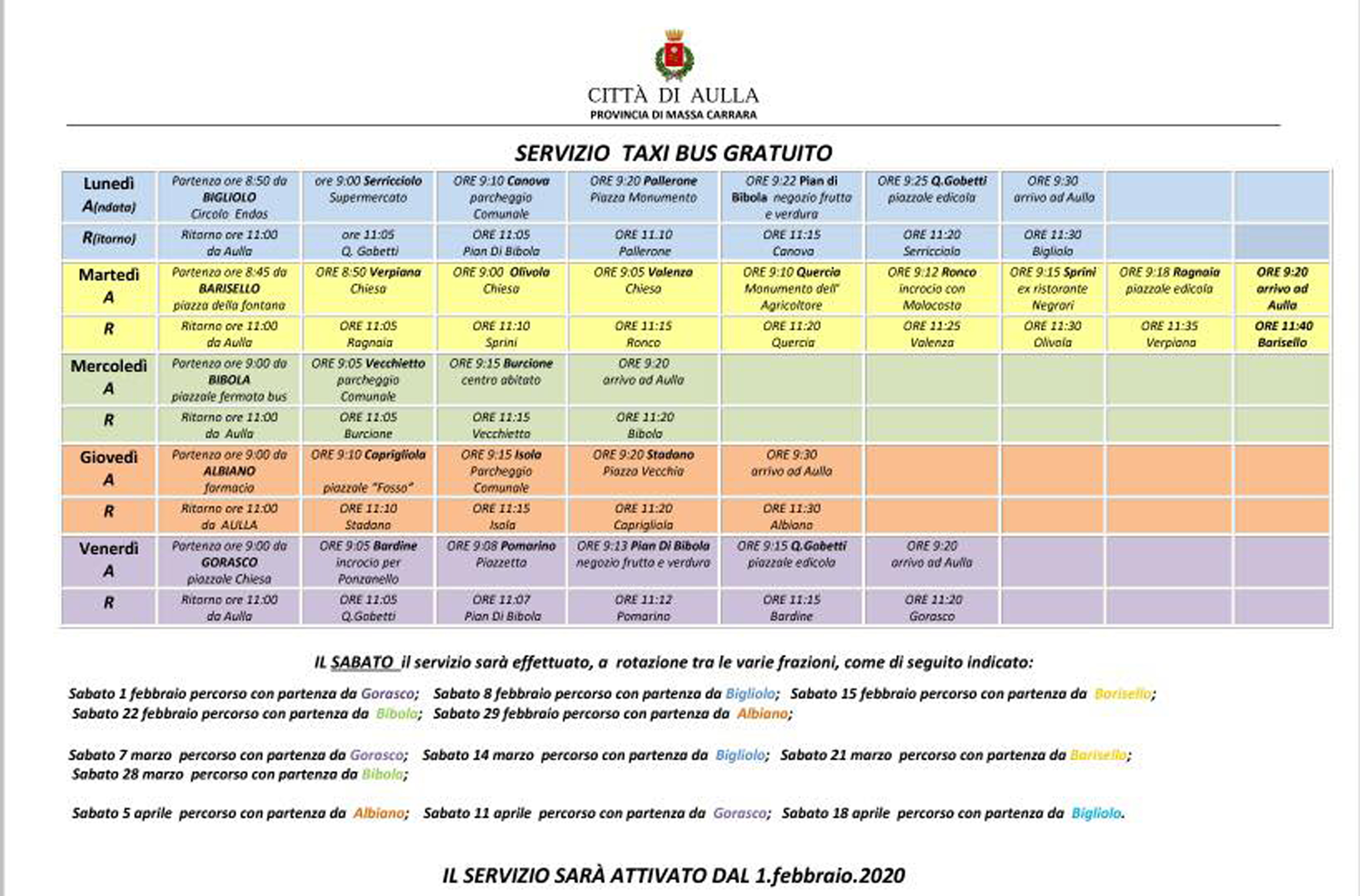 Lo schema dell'orario del servizio taxi ad Aulla