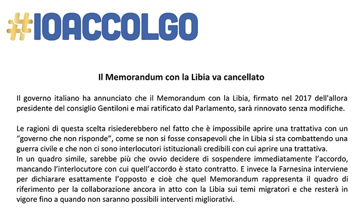 Inaccettabile il rinnovo del Memorandum Italia – Libia