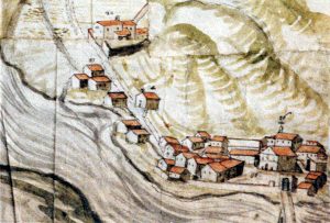 Il borgo della SS. Annunziata con il ponte di Saliceto in una mappa della metà del XVII secolo