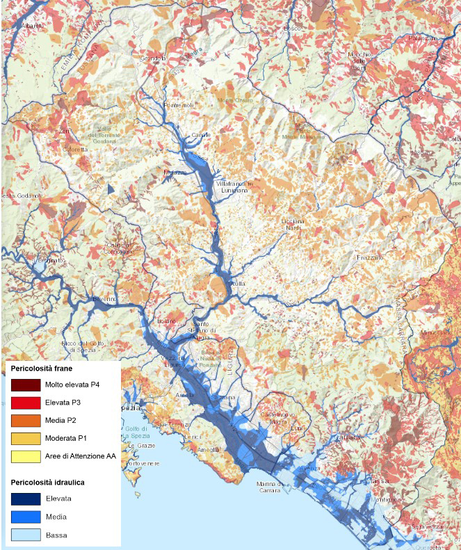 La mappa della Provincia di Massa Carrara con le indicazioni delle pericolosità delle frane e della pericolosità idraulica (Fonte dati e immagini: ISPRA (2020), Pericolosità e indicatori di rischio per frane e alluvioni, sito web idrogeo.isprambiente.it)