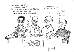 Con questa vignetta Gianpiero Brunelli si immagina un "Bollettino del Paradiso" composto da alcuni storici ed indimenticabili direttori e giornalisti de Il Corriere Apuano. Da sinistra: Giulio Armanini, Antonio Ricci, Antonio Zanni e don Pietro Tarantola.