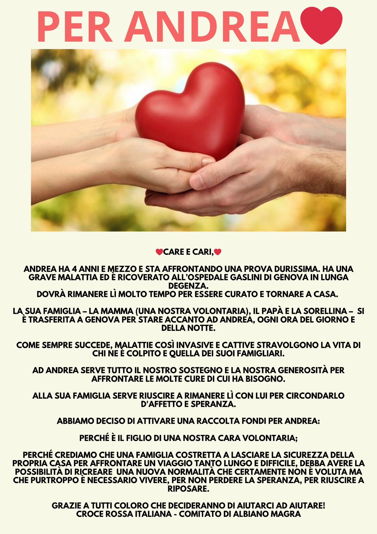 Aulla: iniziative di solidarietà verso il piccolo Andrea