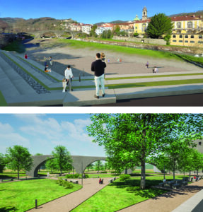 il rendering di come sarà il parco al Casotto e il “teatro all’aperto” nell’area della Cresa