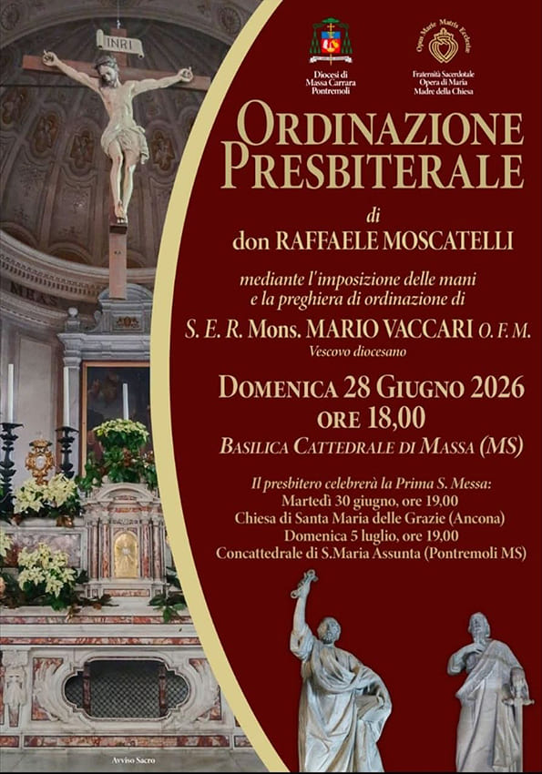 Domenica 28 giugno a Massa l’ordinazione presbiterale di don Raffaele Moscatelli