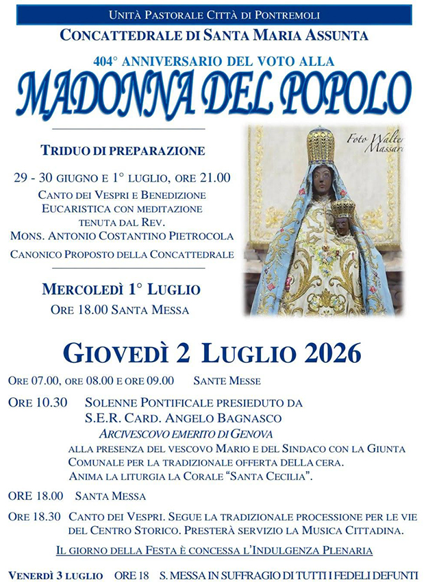 Pontremoli: il card. Angelo Bagnasco alla festa della Madonna del Popolo il 2 luglio