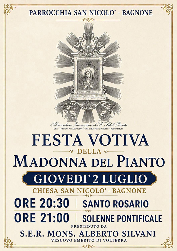 Giovedì 2 luglio a Bagnone la festa votiva della Madonna del Pianto
