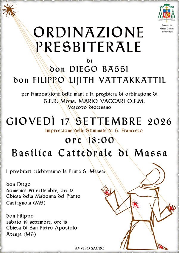 Il 17 settembre l’ordinazione di Diego e Filippo, due nuovi  sacerdoti per la nostra Diocesi